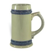 Keramický pivní krýgl šedý s modrými ornamenty 660 ml s potiskem