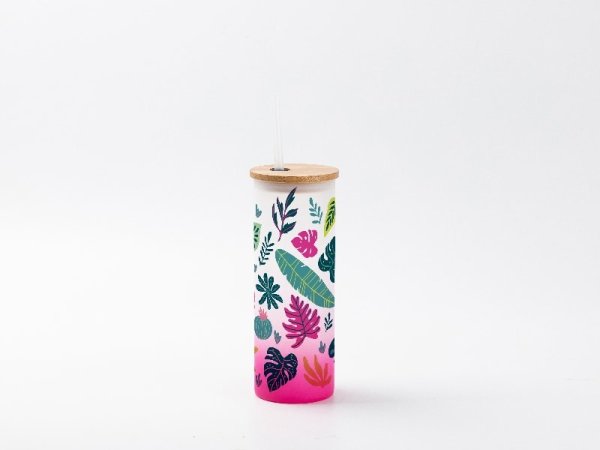Velká sklenice matná s růžovým gradientem a bambusovým víčkem 500 ml s potiskem - 2