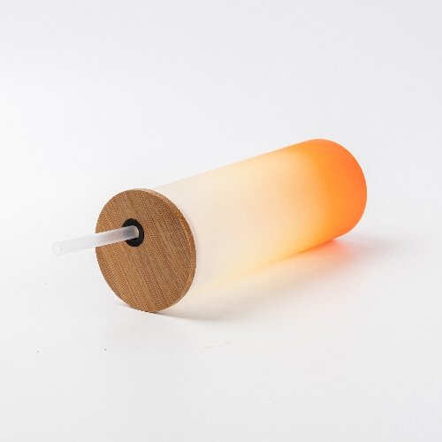 Velká sklenice matná s oranžovým gradientem a bambusovým víčkem 500 ml s potiskem - 3