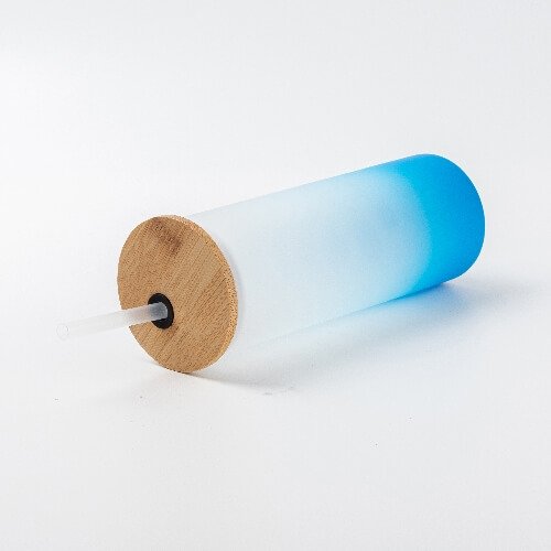 Velká sklenice matná se světle modrým gradientem a bambusovým víčkem 500 ml s potiskem - 3