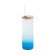 Velká sklenice matná se světle modrým gradientem a bambusovým víčkem 500 ml s potiskem